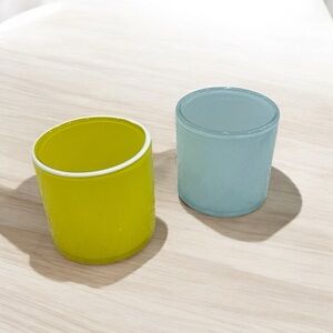 2 Glass Vases Yellow and Blue with White Patterning